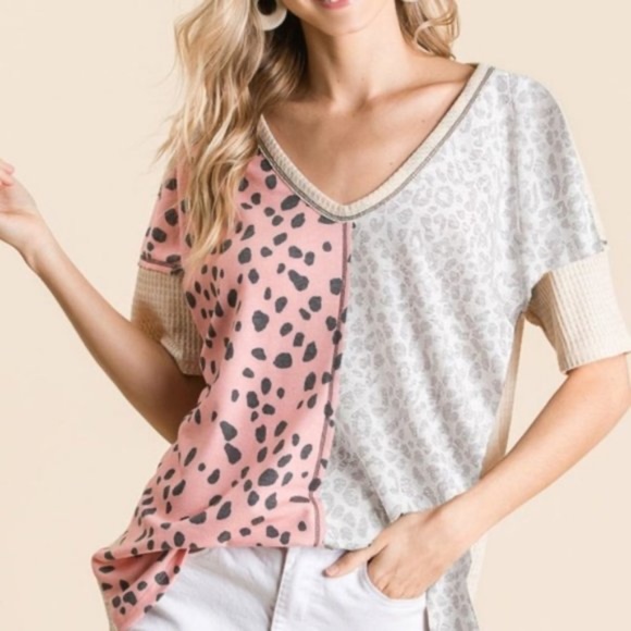 Bibi Leopard Print V neck Color Block Short Sleeve Top - Picture 1 of 4